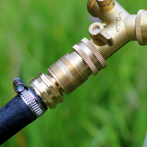 Solid Brass Garden Hose Quick Connect Kit Three Quarter Inch GHT Threaded Fittings No Leak Female And Male Adapters attached to hose