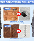Comparison of 22-Piece Countersink Drill Bit Set with Tapered Wood Bits, Plug Cutter, Adjustable Depth Stop, use vs standard bits.