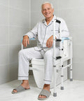 Heavy Duty Aluminum Bathroom Assist Rail Frame For Seniors And Adults Delivers Built Tough Support And Zero Shake Feel During Daily Bathroom Transfers Safely with seated senior.