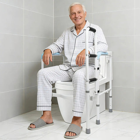 Heavy Duty Aluminum Bathroom Assist Rail Frame For Seniors And Adults Delivers Built Tough Support And Zero Shake Feel During Daily Bathroom Transfers Safely with seated senior.