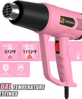 Dual Temp Heat Gun 300C And 600C, 900W To 1300W Hot Air Gun with overload protection, pink design, ergonomic grip, dual settings visible
