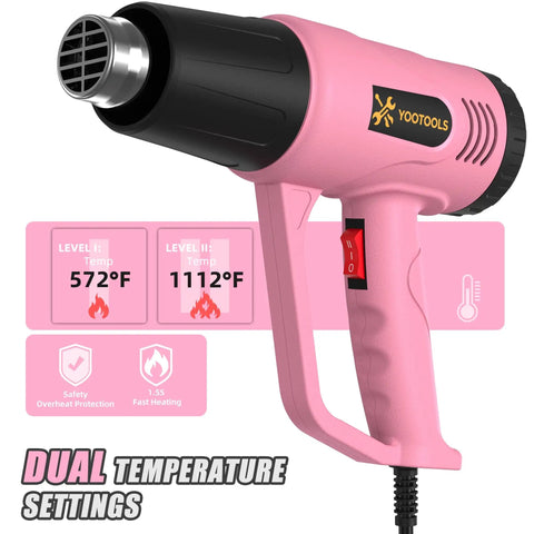 Dual Temp Heat Gun 300C And 600C, 900W To 1300W Hot Air Gun with overload protection, pink design, ergonomic grip, dual settings visible