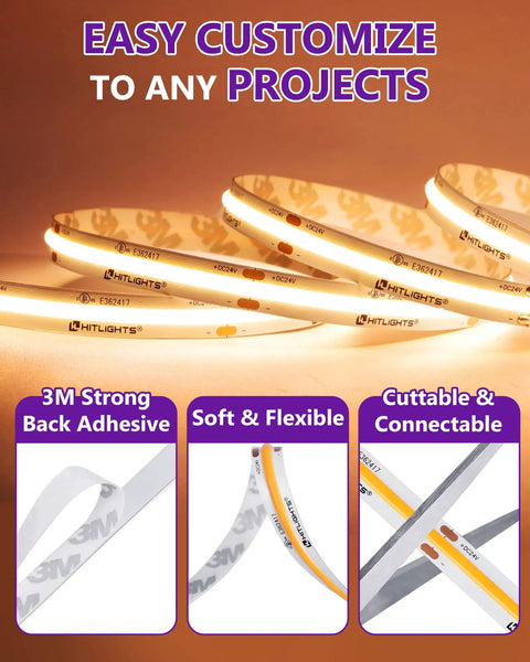 COB LED Strip Light 16.4 ft Warm White 2700K High Density 24V Tape Light With 2560 LEDs, 350+ Lumens Per Foot, CRI 90+, IP30, Great For Kitchen Cabinets And Custom Installations, Strip Only, Power Source Not Included