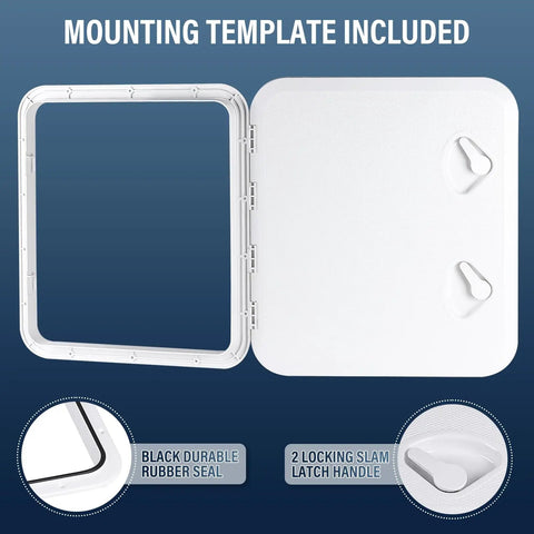 Heavy Duty ABS Marine Deck Hatch Built Tough For Weekend Warriors And Captain Crews Featuring Bullet Proof Rubber Weather Seal And Lockdown Recessed Handles Delivers In Pristine White with black rubber seal and lock latch handle.