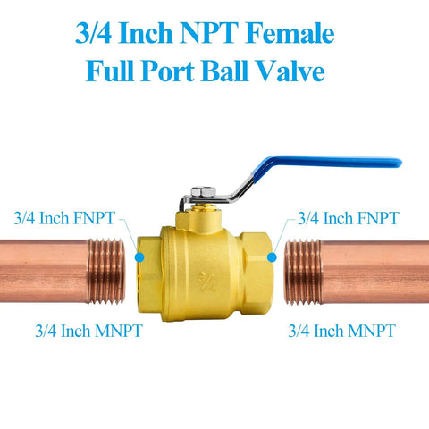 3/4 Inch Full Port Brass Ball Valve With 1/4 Turn Blue Handle For Smooth Shuts, 600 WOG, NPT FIP Connections, plumbing fitting image