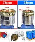 Heavy Duty Pneumatic Barrel Crimpie Sealer For 55 Gallon 200L Oil Drums, showing 75mm and 35mm sizes with colorful lids.