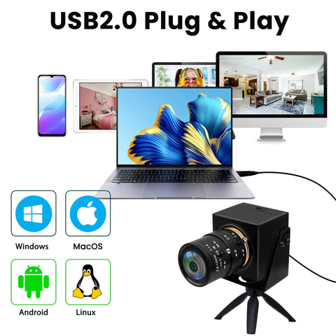 Global Shutter USB Camera For Ultra Sharp High Speed Capture At 1200P 90FPS With 2.8-12mm Zoom Lens shown with multi-device compatibility