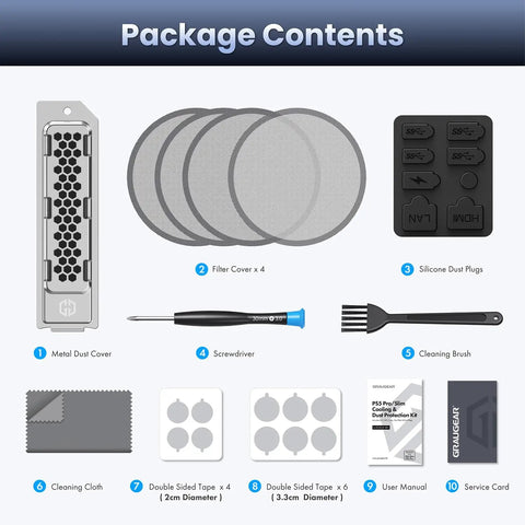 Cooling And Dust Protection Upgrade Kit For PS5 Pro And PS5 Slim With M2 SSD Heatsink Cover Four Fan Dust Filters Port Plugs Brush And Small Tools package contents