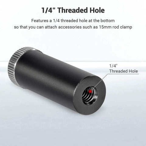 Close-up of 1/4" threaded hole on 15mm Micro Rod for Camera Rigs, showing accessory attachment point.
