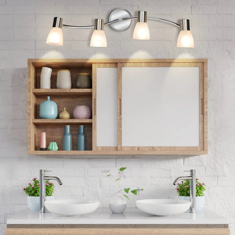 4-Light Foldable Track Lighting With Glass Shades over bathroom vanity, S shaped ceiling fixture, nickel finish, E12 base