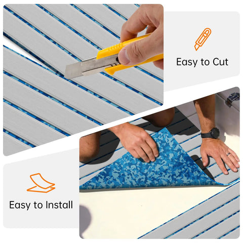 Self Adhesive EVA Foam Soft Foam Decking 6mm Grippy Non Slip Marine Decking With Teak Look Finish being cut and installed