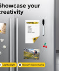Slick Peel And Stick Magnetic Dots For Kitchen And Office Killer Adhesive Backing To Grip Photos Or Grocery Lists On The Fridge With Zero Sweat 36 Piece Set on fridge holding a shopping list and photos.