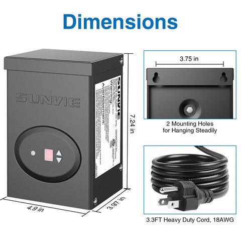 120W Low Voltage Landscape Transformer With Timer And Photocell Sensor For Outdoor Lighting 12V Waterproof ETL Listed showing dimensions and cord