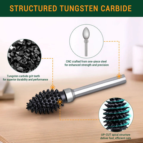 Tough As Nails Spike Flame Rotary Burr Packed In Dense Tungsten Carbide, 1/8 inch shank, designed for wood and metal cutting.