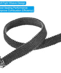 Black graphite-fiberglass stove gasket rope, 3/4 in x 1/8 in x 118 in, flat woven seal rope coiled on white background
