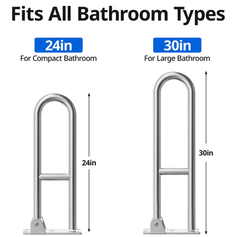 Heavy Duty Toilet Grab Bar Flip Up Folding Safety Handrail For Bathroom Wall Mount 304 Stainless Steel showing 24 inch and 30 inch options.