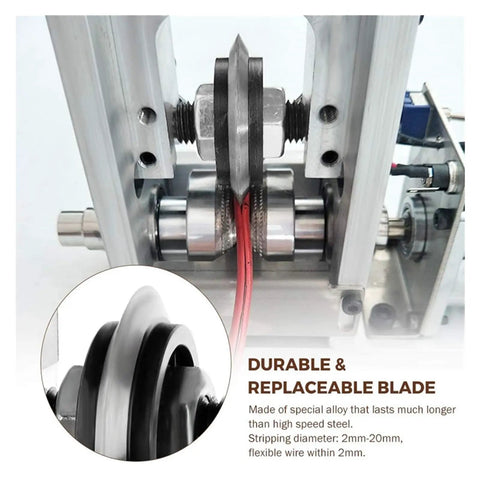 Close-up of Electric Wire Stripping Machine For Copper Cable Recycling blade and roller mechanism for 2-20mm wire stripping.