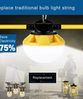 Heavy Duty 50ft LED Construction String Light Pro Grade 50W 6000 Lumens with bulb on job site replacement guide.