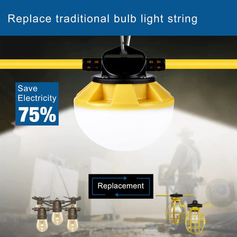 Heavy Duty 50ft LED Construction String Light Pro Grade 50W 6000 Lumens with bulb on job site replacement guide.