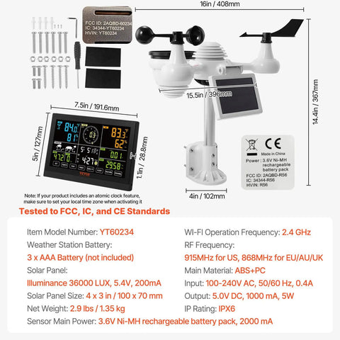 All In One WiFi Weather Station With 7 In 1 Sensor For Indoor Outdoor Use, 7.5 Inch Color Display, shown with dimensions and specs