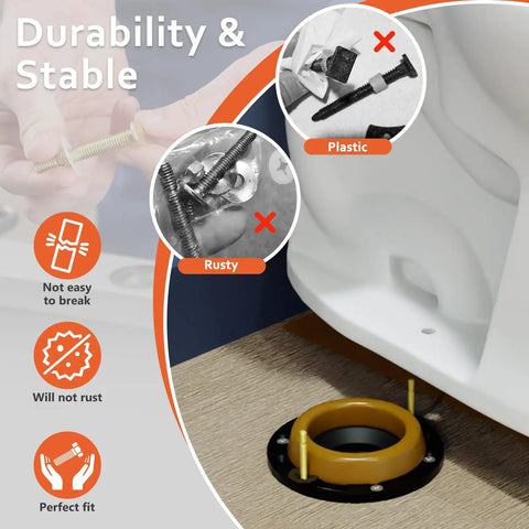 Heavy Duty Toilet Flange Bolts Rock Solid Wobble Free Install Kit Featuring Quick Snap Cover Caps And Premium Wax Ring Replacement Parts For Standard Floor showing durable steel bolts with no rust.