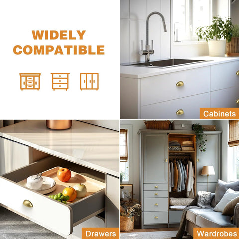 Collage showcasing the versatility of 5 Pack Champagne Bronze Cabinet Pulls 3 Inch Hole Centers 76mm Bin Cup Drawer Pulls.