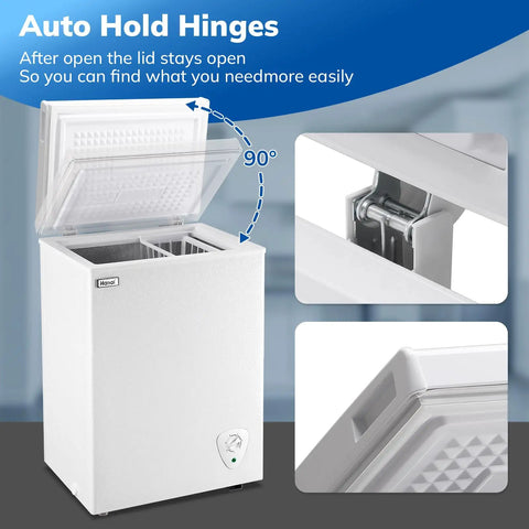 Compact Deep Chest Freezer Featuring 3.5 Cu Ft Capacity And Durable Storage Baskets White showing auto hold hinges and open lid.