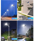 JUDYSSY Outdoor Solar Powered Street Flood Lights-400W Dusk to N in city, villa, and rural settings, illuminating pathways.
