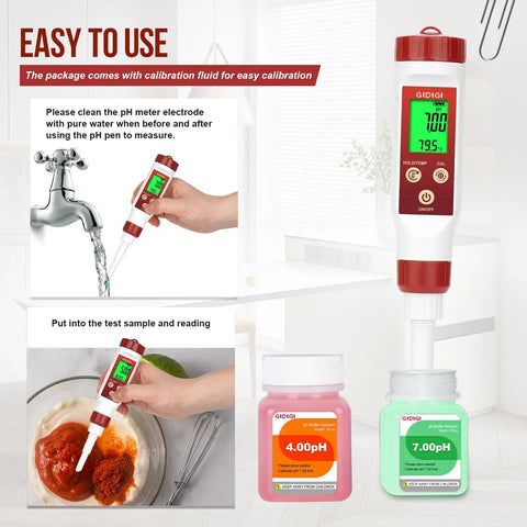Go To Food pH Meter Digital With Spear Tip Probe for Fermentation hot sauce testing and calibration kit