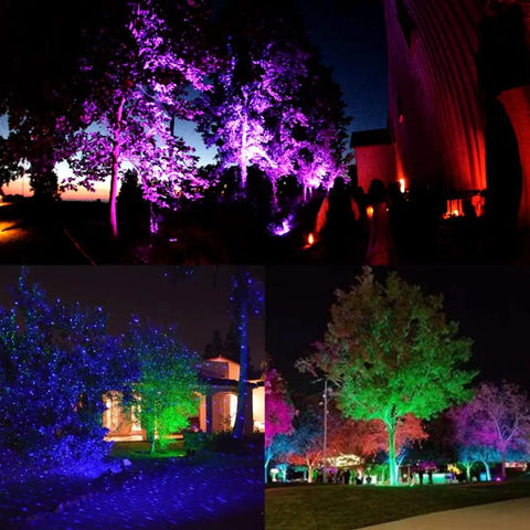 Colorful night landscape lit by 12W RGBW In-Ground Landscape Lights 8 Pack With 16 Color Vibes Waterproof Outdoor Well Lights For 12-24V Systems.