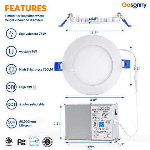 Diagram of Six Pack 4 Inch Ultra Thin LED Recessed Ceiling Lights With Junction Box 2700K To 5000K CCT Selectable 9W Equiv 750 Lumen