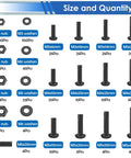 516-Piece Black Nuts And Bolts Kit With 21 Sizes M3 To M6 Screws Nuts And Flat Washers, Carbon Steel, shown by size and quantity.