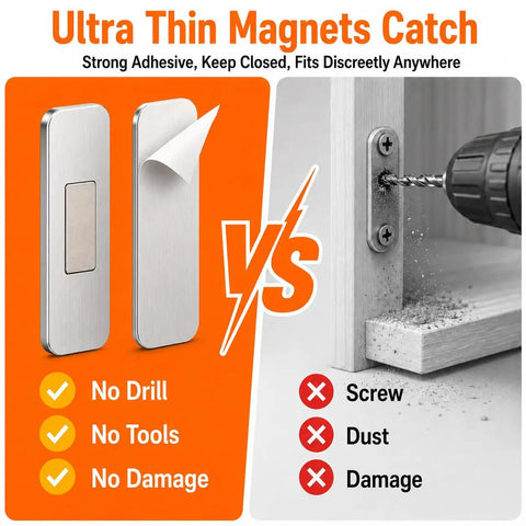 Comparison of Ultra Thin Magnetic Cabinet Catch With No Drill Adhesive Mount vs traditional drilling method on wood