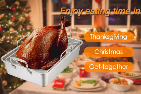 Stainless Steel Roasting Pan Set 16 Inch With V Rack And Cooling Rack For Roasting Turkey Lasagna And More Heavy Duty Oven Bakeware Deep Sides