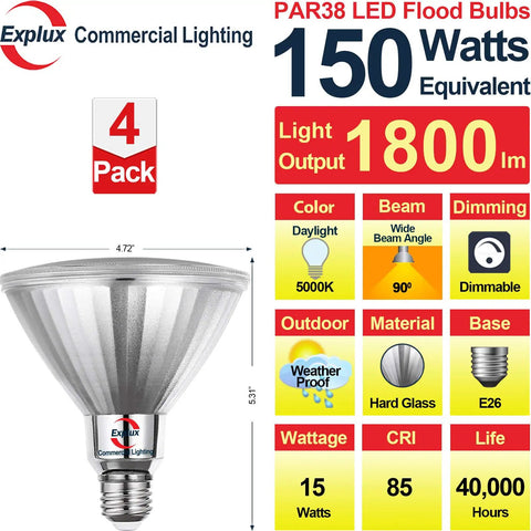 Par38 LED Flood Light Bulbs 1800 Lumens So Bright 5000K Daylight, 150W Equivalent, Dimmable, Waterproof And Anti Aging, 4 Pack, 90 Degree Beam, Commercial Grade Glass, Outdoor Ready