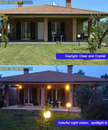 Solar Powered Wireless Outdoor WiFi Security Camera With PTZ 360 Degree View capturing day and night scenes of a house with color night vision.