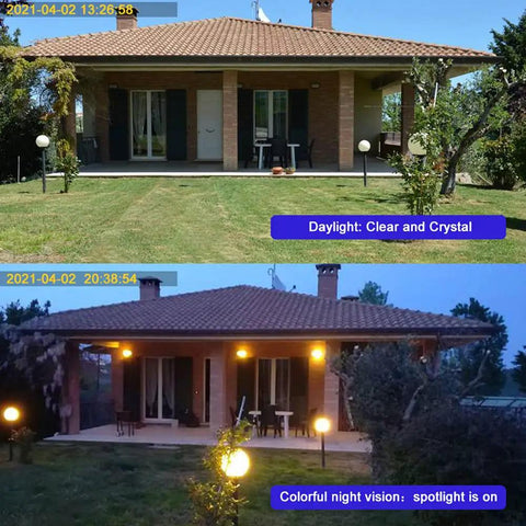 Solar Powered Wireless Outdoor WiFi Security Camera With PTZ 360 Degree View capturing day and night scenes of a house with color night vision.