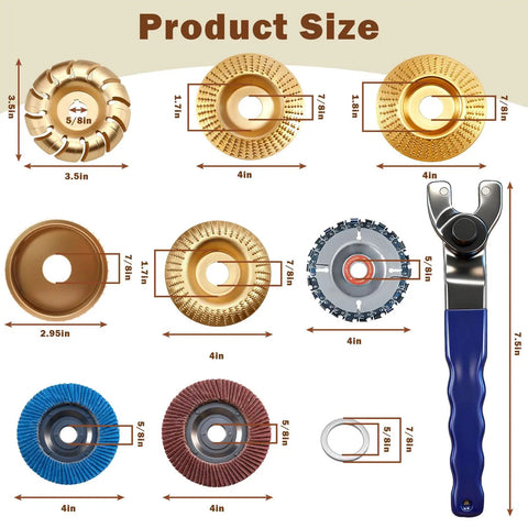Product size image of 14 Piece Wood Carving Disc Set For 4 Inch Or 4.5 Inch Angle Grinders With 5 Eighth Inch Arbor Pro Grade Carbon Steel Discs