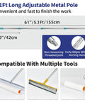 Image of Pro Grade Self Leveling Concrete Tool Kit With Spiked Rollers And Adjustable 6.6Ft Pole For Epoxy Floors Floor Paint And Garage Coatings, showing a 5.1ft adjustable metal pole and compatible tools like spiked rollers and leveling rake.