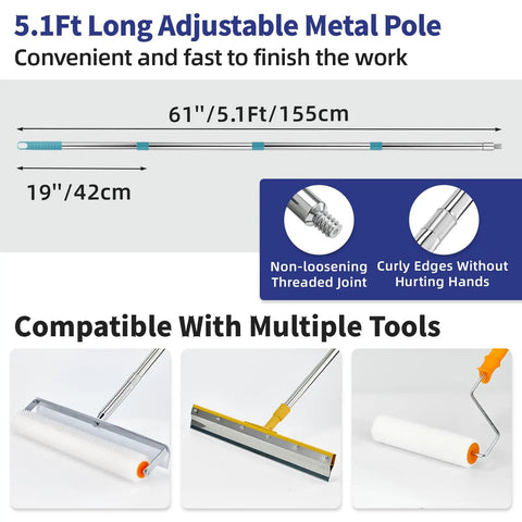 Image of Pro Grade Self Leveling Concrete Tool Kit With Spiked Rollers And Adjustable 6.6Ft Pole For Epoxy Floors Floor Paint And Garage Coatings, showing a 5.1ft adjustable metal pole and compatible tools like spiked rollers and leveling rake.