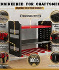 Power Tool Organizer Wall Mount 3 Tier Heavy Duty Steel Rack With 4 Cordless Drill Slots Pegboard And Utility Side 100 Pound Capacity For Garage Workshop And Shed Storage Red showing features