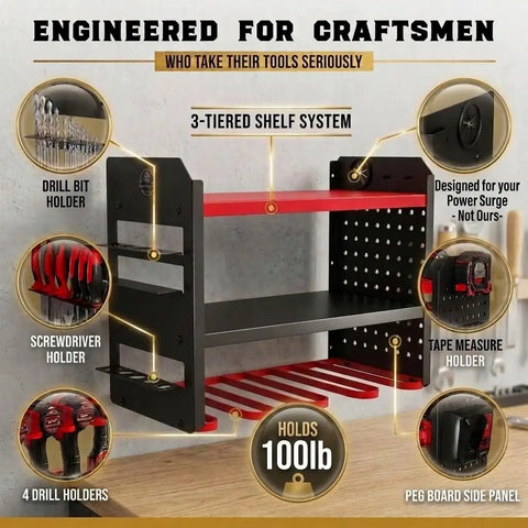 Power Tool Organizer Wall Mount 3 Tier Heavy Duty Steel Rack With 4 Cordless Drill Slots Pegboard And Utility Side 100 Pound Capacity For Garage Workshop And Shed Storage Red showing features
