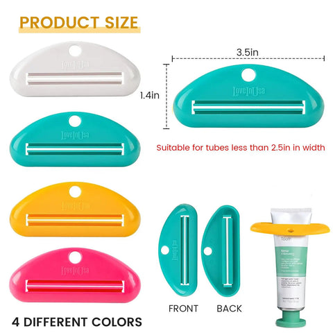 Multicolor Four Pack Toothpaste Squeezers Hanging Tube Squeezer Tool Tubular Paste Dispenser for Tubes under 2.5 inch wide