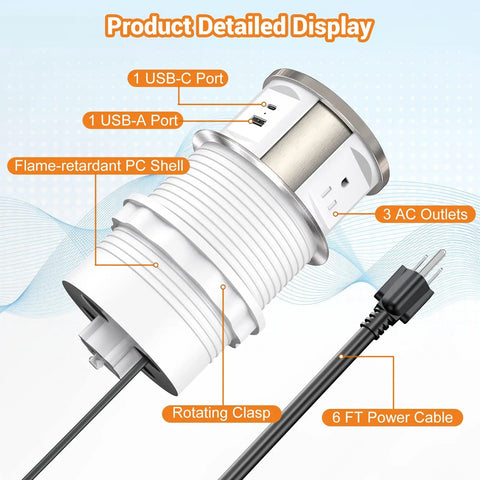 Dope Pop Up Countertop Outlet With Auto Retractable Design Three AC Outlets Plus USB A And USB C Ports displayed with labels