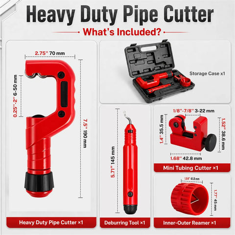 Heavy Duty Pipe Cutter Set For Plumbing Maintenance Multi Material Compatible Copper Aluminum Stainless PVC PPR Pipes Fits Up To 50mm Outer Diameter And 2.5mm Wall Mini Cutter Covers 3-22mm Six Bearing Rollers Sharp Blade For Easy Smooth Cuts, kit components