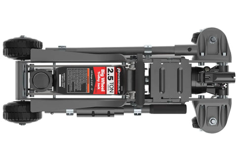 Top view of 2.5-Ton Off-Road Trolley Jack With Oversized 4-Inch Wheels Saddle Extension Integrated Handle Storage Portable Design For SUVs Trucks And Off-Road Vehicles