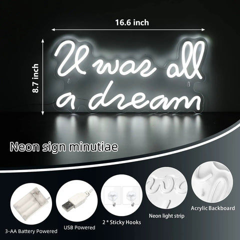 Warm white neon sign reading 'It was all a dream' with battery or USB power options, on an acrylic board, 16.6x8.7 inches.