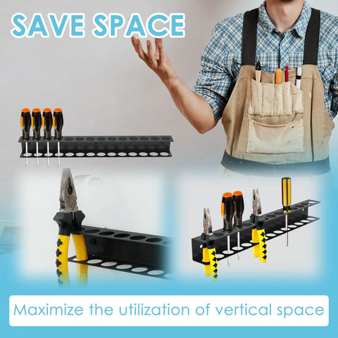 Heavy Duty Screwdriver Organizer Wall Mount With 14 Holes And Metal Plier Holder No Fuss DIY Ready Tool Rack For Garage Workshop Workbench Or Tool Chest Rust Resistant Steel Storage Solution mounted on wall with tools.