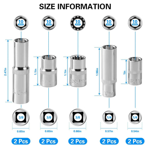 Size information of 10mm Impact Socket Set with 1/4 and 3/8 inch drives, 6-point and 12-point deep and shallow sockets, CR-V steel.