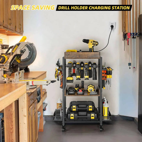 Power Tool Organizer Rolling Cart For Garage Storage And Workshop Organization Tool Rack And Drill Holder Shelving On Wheels Open Tool Chest Pegboard System Ideal Dad Gift For DIY Enthusiasts